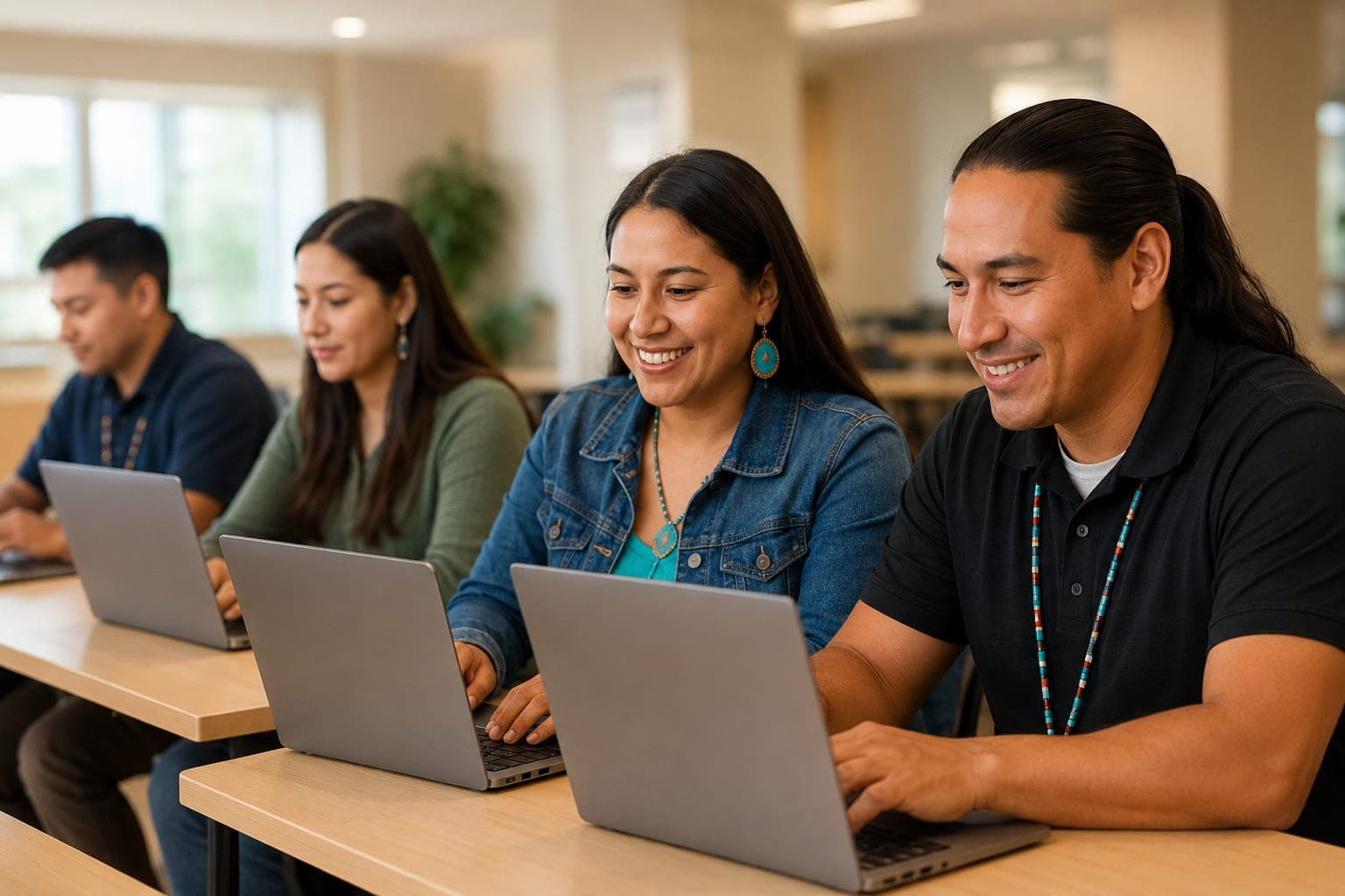 Tribal professionals learning with laptops